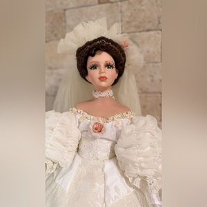 24” Victorian Bride Porcelain Doll Wedding Decor w/ Box Kaiser Stand Vintage